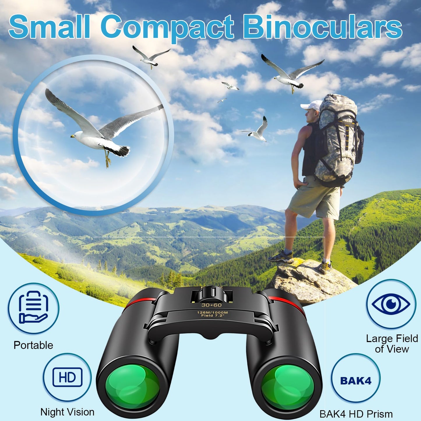 PISEZ 30X60 Compact Binoculars for Adults and Kids，Lightweight Foldable Easy Focus Small Binoculars for Bird Watching Hunting Concert Traveling Theater Opera Sightseeing