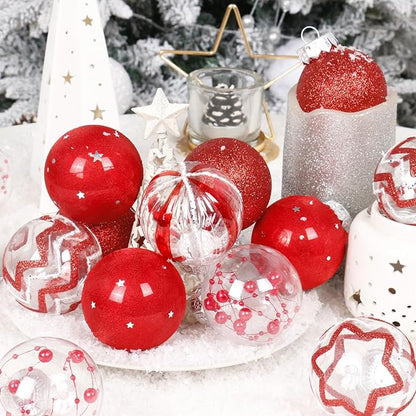 SY Super Bang 30PCS Red Christmas Ornaments Set, 60MM/2.36" Clear Plastic Shatterproof Ball Ornaments for Christmas Tree Hanging Decorations, for Home Holiday Party Xmas Decor.