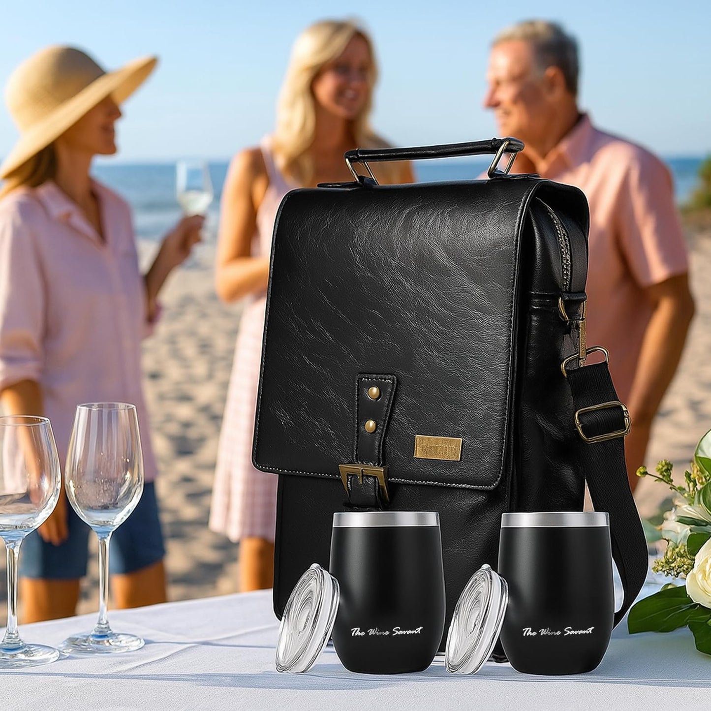 2 Bottle Insulated Wine Tote Bag with Tumblers, Leather Carrier Purse with Dividers, Leakproof Cooler, Adjustable Shoulder Strap & Pockets, Travel, Picnic, Beach, Hiking, Gift for Men & Women