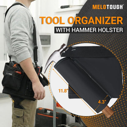 MELOTOUGH 14-Pocket Tool Belt Combo with Pouches for Electrician & Carpenter, Heavy Duty Adjustable Work Utility Belt for Men, Industrial-Grade Tool Rig Organizer, Work Apron（Black）