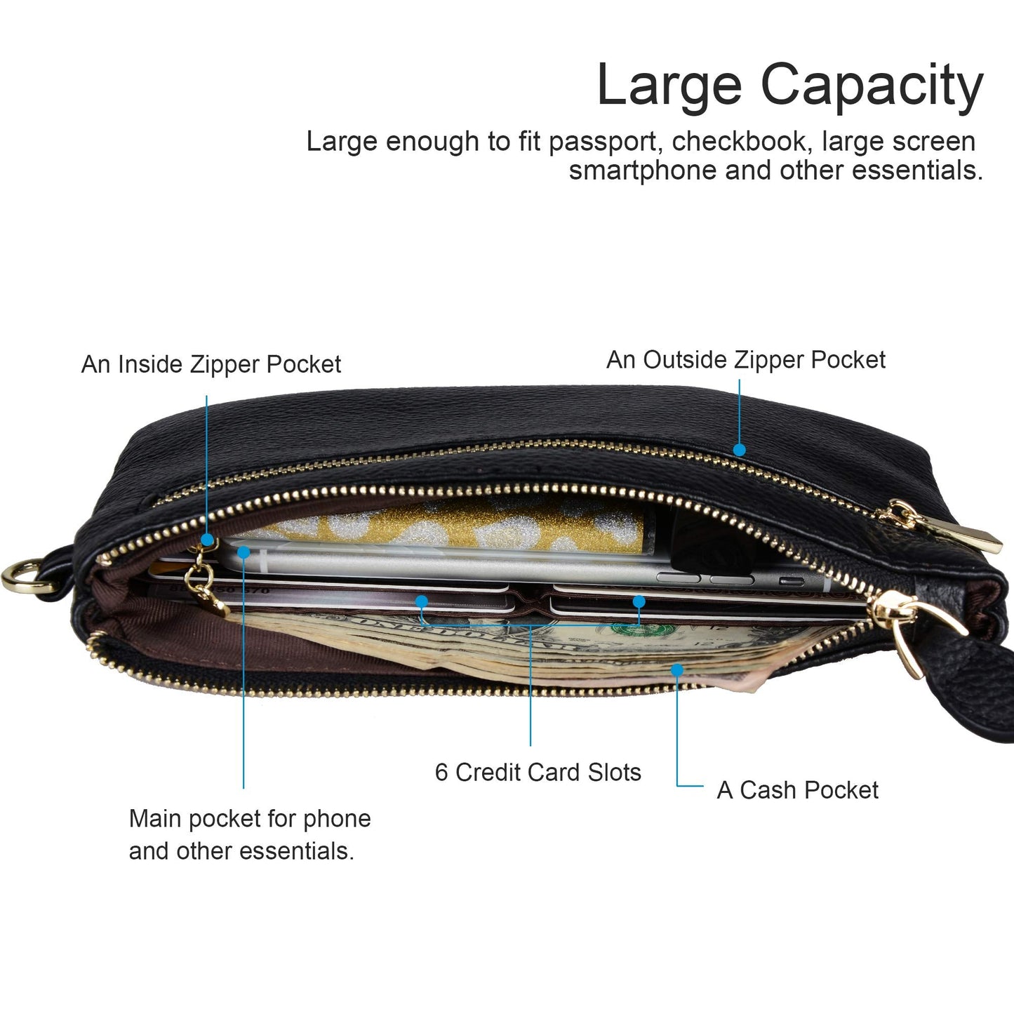 befen Black Genuine Leather Wristlet Clutch RFID Blocking Bag Cell Phone Wallet Purse Smartphone Wristlet Wallet Purses and Handbags for Women