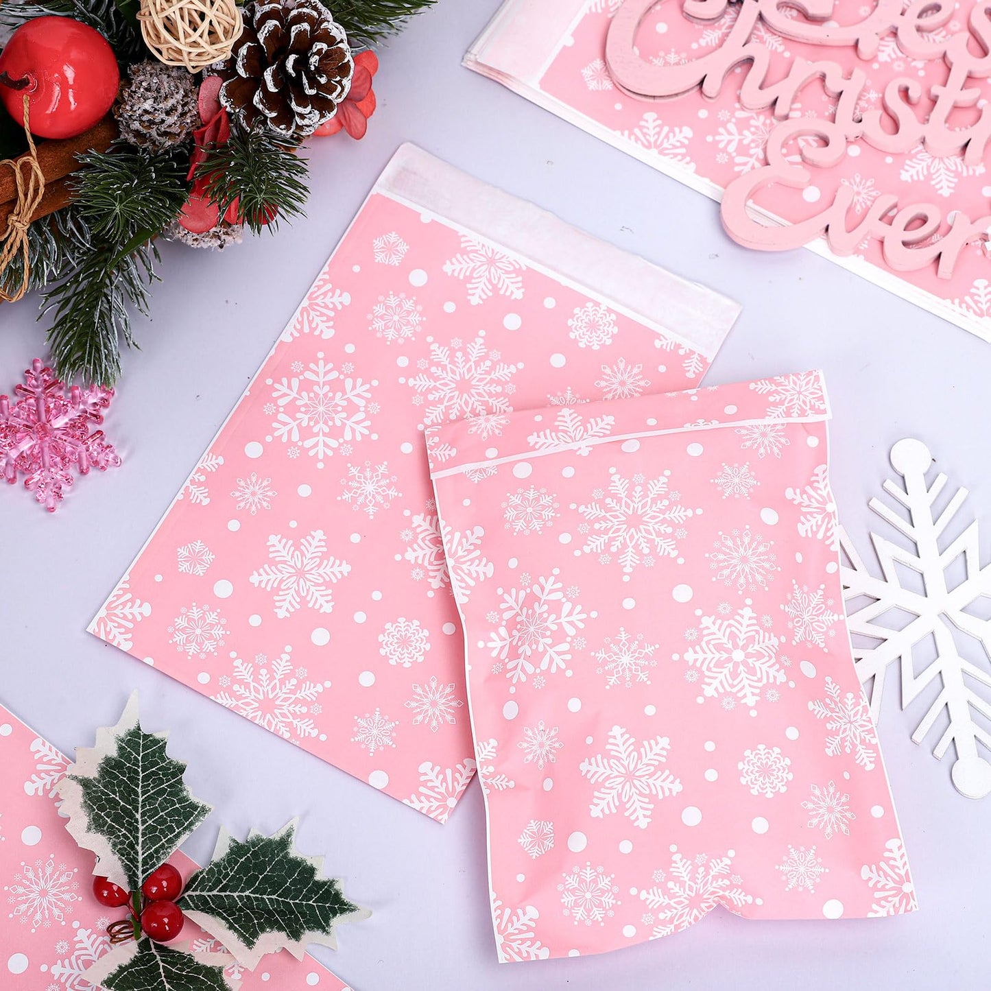 Whaline 100Pcs Winter Snowflake Treat Bags Pink Self-Adhesive Snowflake Candy Buffet Paper Bag Goodie Snack Gift Bags for Xmas Holiday Party Favors