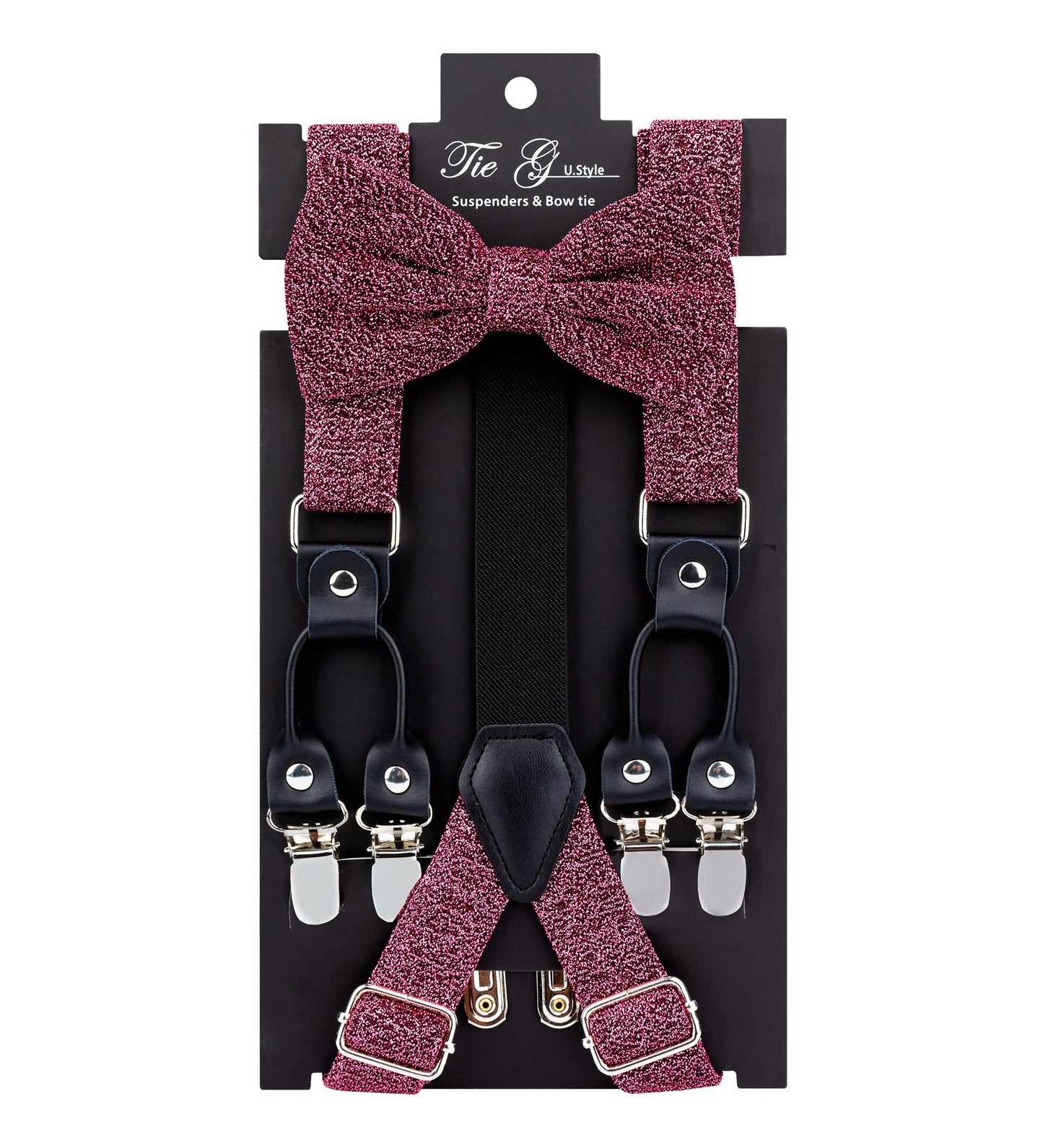 TIE G Men's Glitter Velvet Suspender + Bow Tie Set for Wedding, Party : Glittering Effects, Adjustable Braces, Strong 6 Clips (Twinkle Rose Pink)