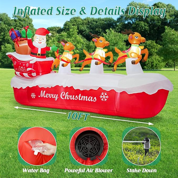 COOLWUFAN 10 FT Christmas Inflatables Outdoor Decorations Santa Claus on Sleigh, Blow Up Cute Elks Pulling Santa's Inflatable Yard Decoration with Lights for Christmas Party, Outdoor, Garden Lawn