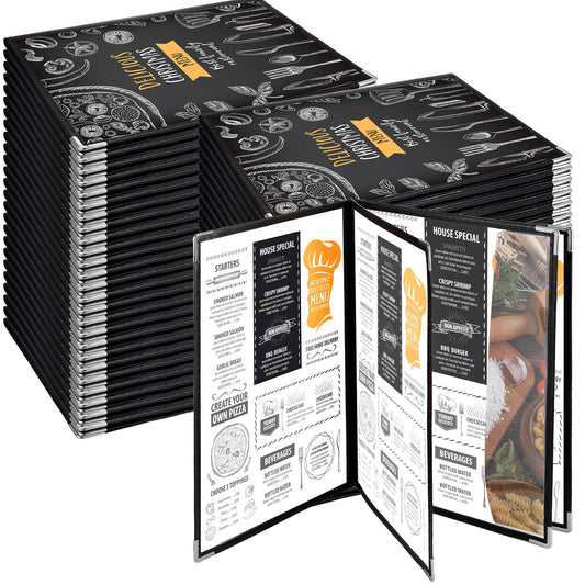 Henoyso 50 Pcs 8.5 x 11 Inch Menu Covers 4 Page 8 View Transparent Restaurant Covers Book Fits A4 Size Paper, Bar Cafe Clear Menu Holder Folder with Leatherette Trim and Decorative Corners, Black