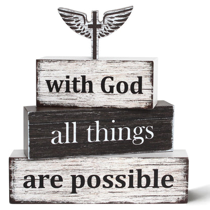 4 Pcs Farmhouse Wooden Tiered Tray Decor, Retro Rustic Bible Christian Table Centerpiece Decorations Gifts for Home Kitchen Mantel Shelf Office