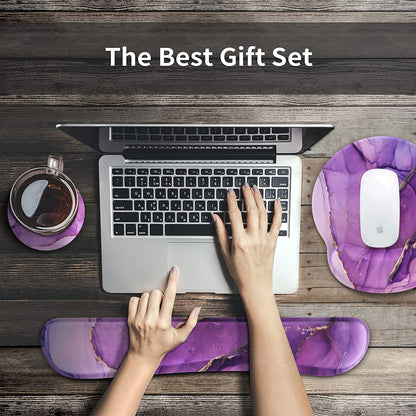 iCasso Purple Ergonomic Gaming Mouse Pad with Wrist Support, 4in1 XXL Large Desk Mat - Keyboard Wrist Rest + Mouse Wrist Rest + Coaster, Marble Style Desk Pad Mousepad