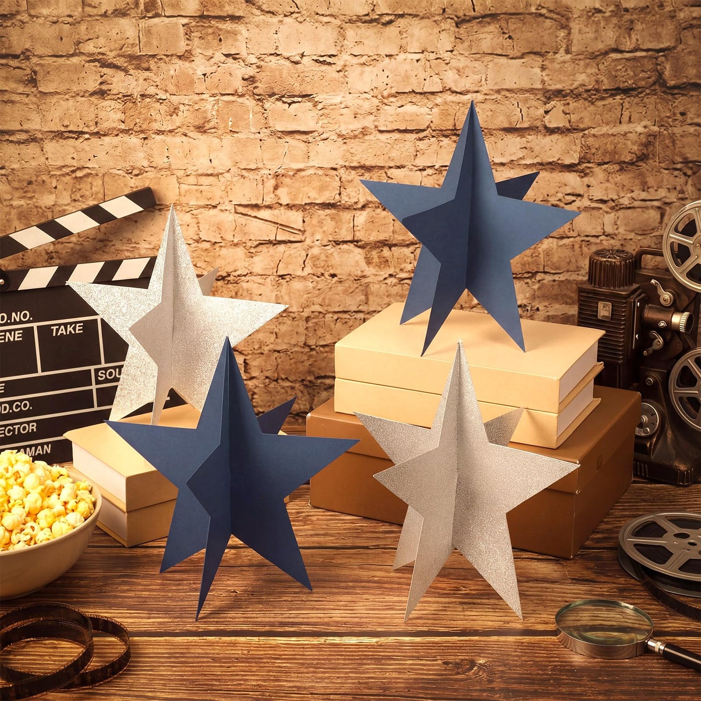 Sinload 18 Pcs Large 3D Glitter Star Decorations Back to School Work Navy Blue Silver Star Centerpiece Standing Hanging Decor for School Centerpiece Starry Movie Night Themed Party Decor