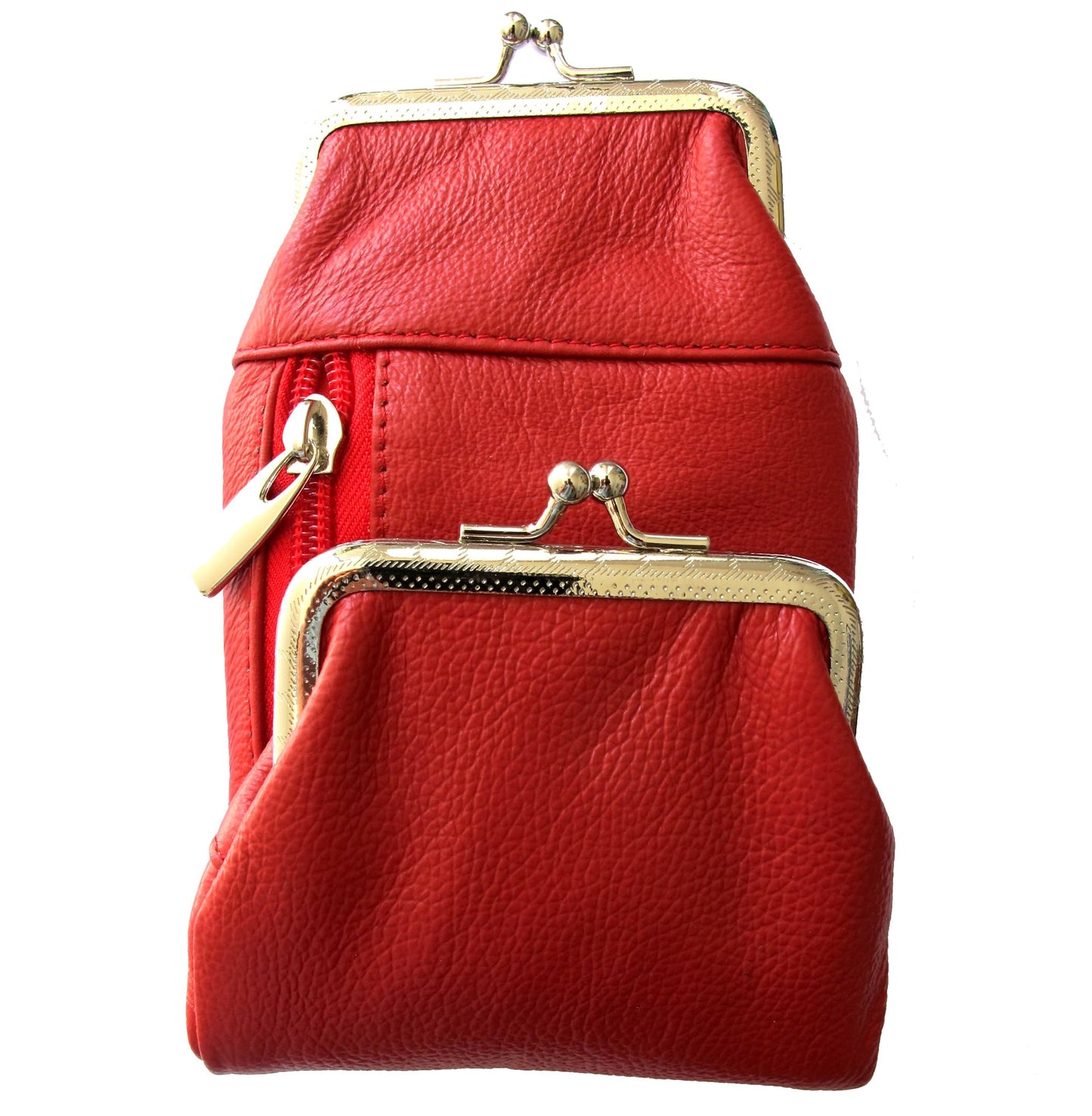 Deluxe Genuine Leather Cigarette and Lighter Case with Zipper Pocket Twist Clasp Kiss Lock Closure Fit 100's -Red
