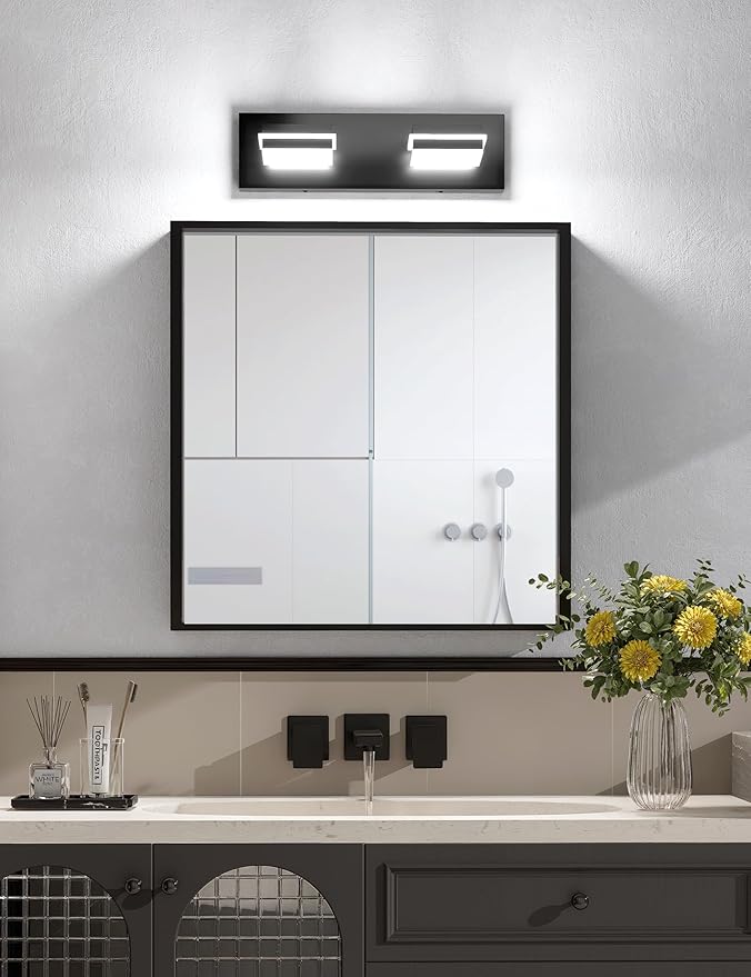VOLISUN Modern Bathroom Vanity Light Fixtures (2-Light, 15.5-Inch), Matte Black LED Bathroom Lighting Fixtures Over Mirror, 360°Rotatable Head, LED Vanity Lights for Bathrooms (Cool White 6000K)
