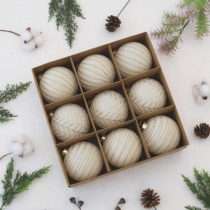4inch Velvet Ornaments for Christmas Tree, 9PCS Glitter Flocked Christmas Ornaments Decorations Balls Set Decor Beige