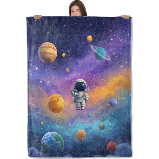 AHUCIZ Cartoon Astronaut Flannel Throw Blanket, 50"x60", Colorful Galaxy Planet, Soft Warm Lightweight Blankets, Machine Washable, Kids Gifts, Outdoor Indoor Travel Hiking Nap Throw, Home Decorate