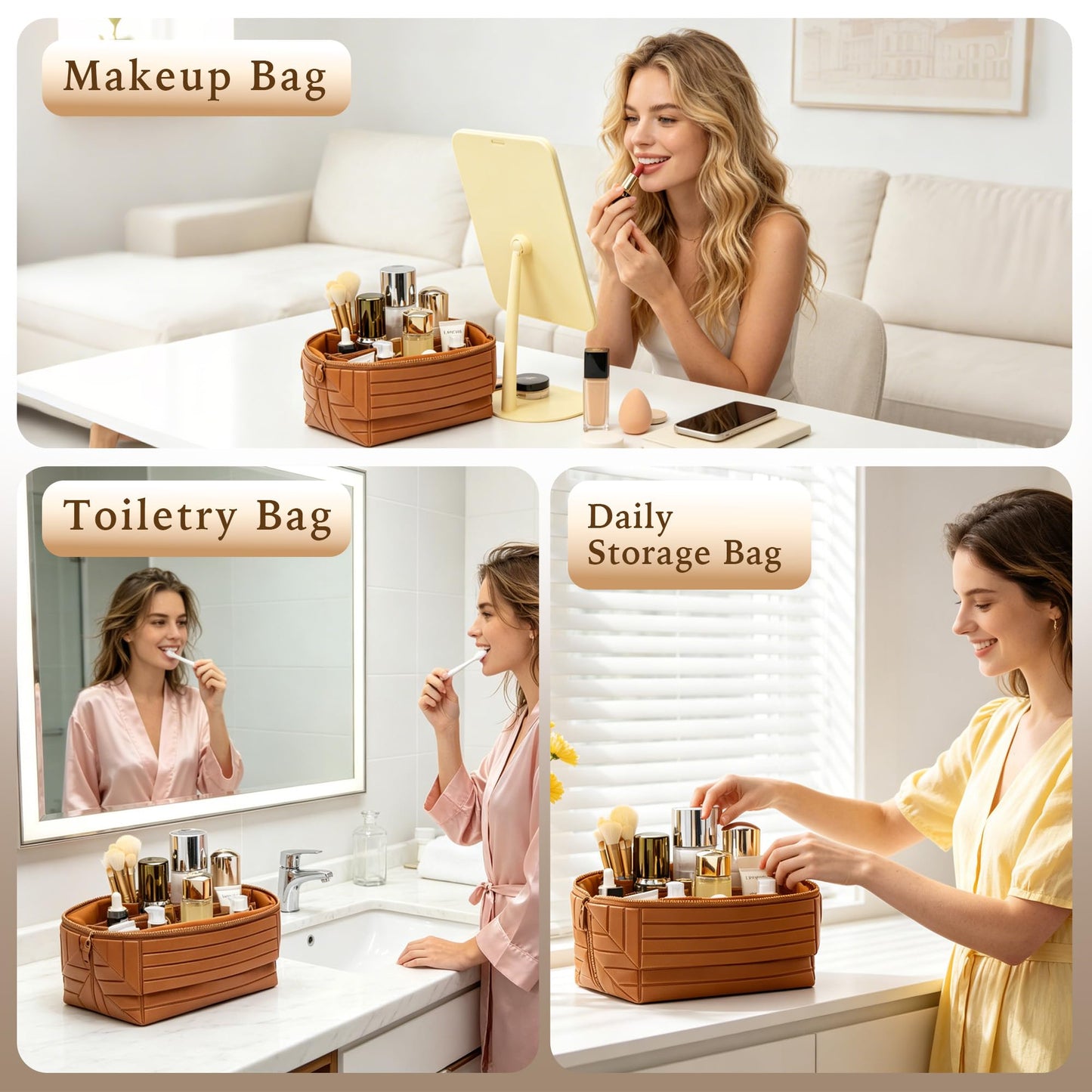 Minoisome Travel Makeup Bag,PU leather toiletry bag,make up organizer case for women,Large Capacity Cosmetic Bag,Wide-open Pouch Purse，Toiletries Accessories，Fold-Down Design and Adjustable Dividers.