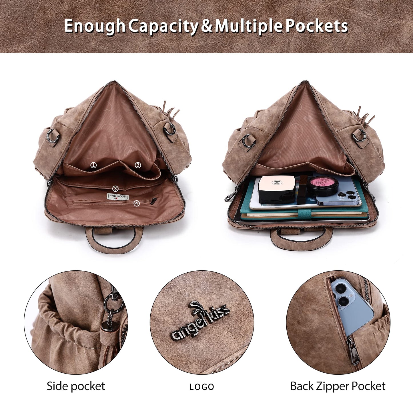 Angel Kiss Backpack Purse Women PU Leather ladies fashion shoulder bag Casual Tassel Zipper Backpacks(Taupe)