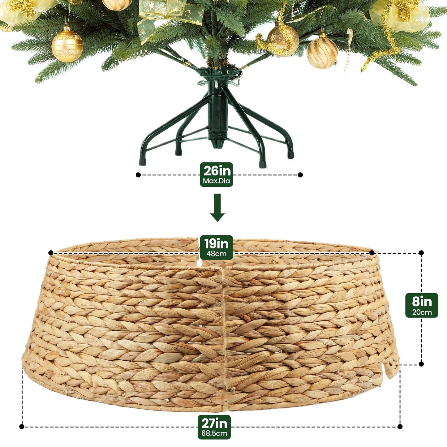 27" Christmas Tree Collar, Hand Woven Hyacinth Christmas Tree Base - 4 Piece Rustic Farmhouse Style Tree Skirt Replacements for Artificial Trees, Fits Below 26" Tree Stand, Natural Hyacinth
