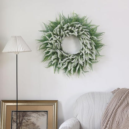 26'' Lavender and Boston Ferns Wreath for Front Door - Large Artificial Greenery Outdoor Wreath for Porch,Window,Farmhouse,Home,Hanging Decor- Spring, Summer, All Seasons (White-Green)