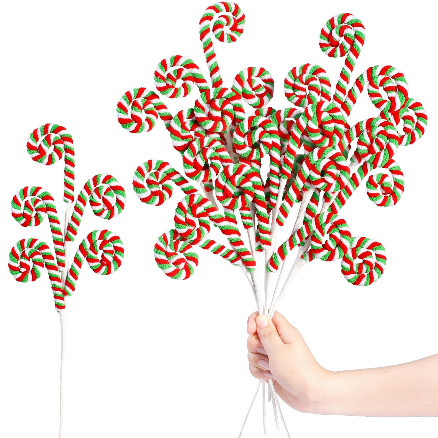 Sggvecsy 6 Pcs Christmas Tree Decoration Woolen Bells Candy Cane Shape Picks Lollipop Curly Pick Ornaments Xmas Tree Topper for Party Vase Filler Home Office Decor (Green)