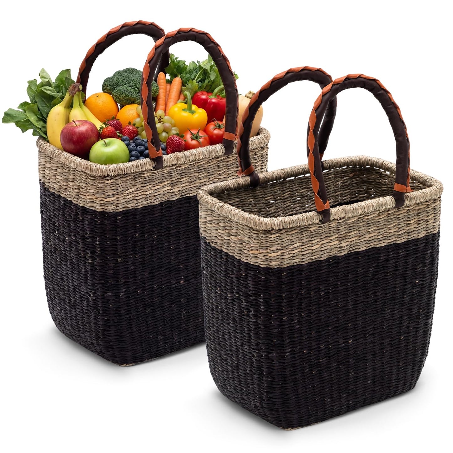 Briwooody 2 Pack Large Wicker Picnic Basket with Leather Handles Reinforced Edge & Base Multi-functional Farmer Grocery Bolga African Bag Storage for Market, Picnic, Easter, Camping, Home Organization
