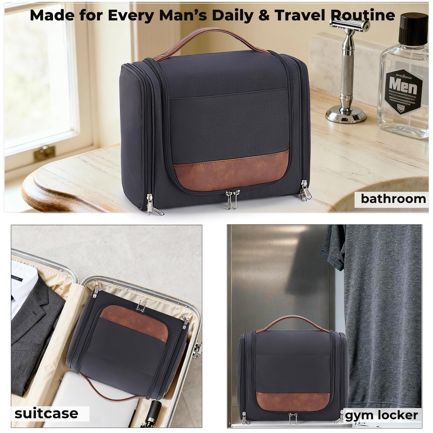 Ralnitote Large Hanging Toiletry Bag for Men, Travel Bathroom Bag with Hook, Hygiene Bag Organizer for Shower, Shaving & Grooming Essentials, Black