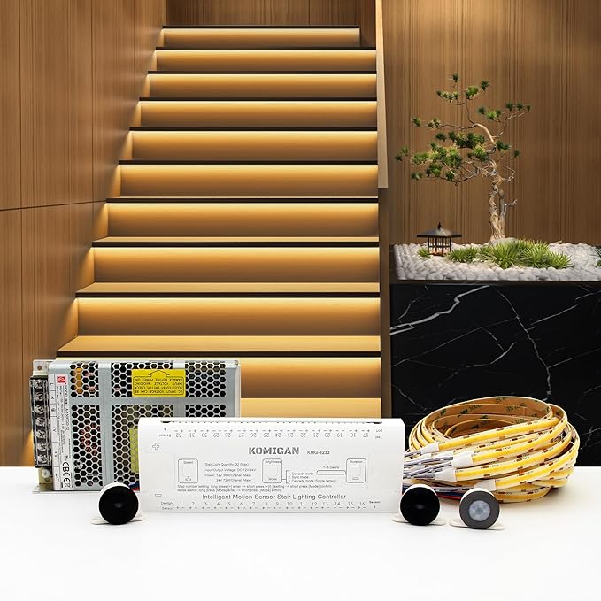 Intelligent Motion Triggered LED Stair Lighting Kit KMG-3233, 40" Cuttable LED Strip Light for Indoor LED Stair Lights (Warm White 3000K,22 Stairs)