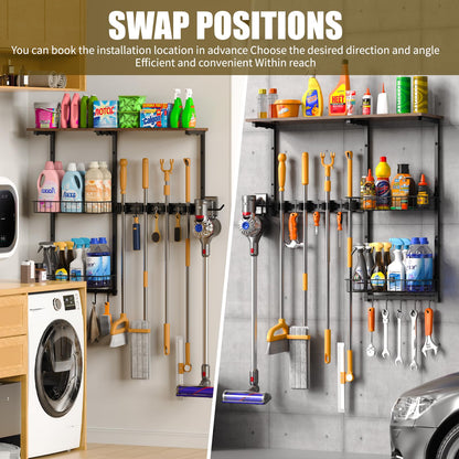 LYYKCCXYY Broom Holder Wall Mount，Mop Rack With Storage Basket,Diversity Laundry Room Cleaning Tool Storage container，Suitable Family Garage Kitchen Organization Wall-Mounted Rack (Black, Medium)