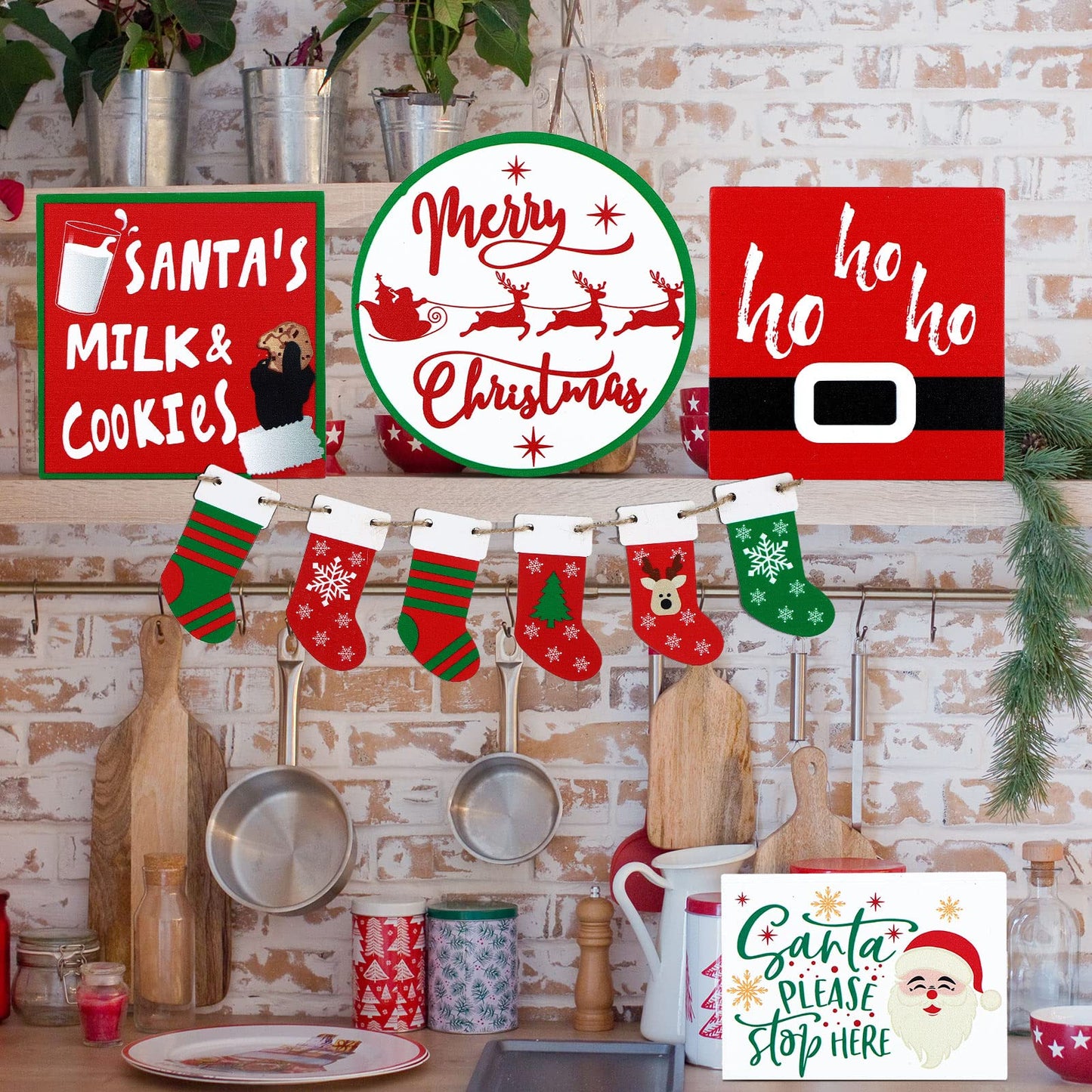 Bucherry 12 Pieces Christmas Santa Claus Tiered Tray Decor Red White Winter Farmhouse Christmas Wooden Signs Decoration for Home Room Table Fireplace