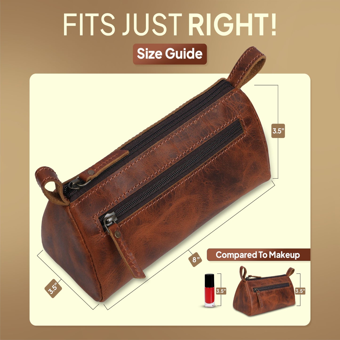 TheAntiq Leather Makeup Bag for Women – Genuine Leather Cosmetic Bag Travel, Handmade Zippered Makeup Pouch, Small Toiletry Bag, Shaving Kit & Stationery Organizer- Tan