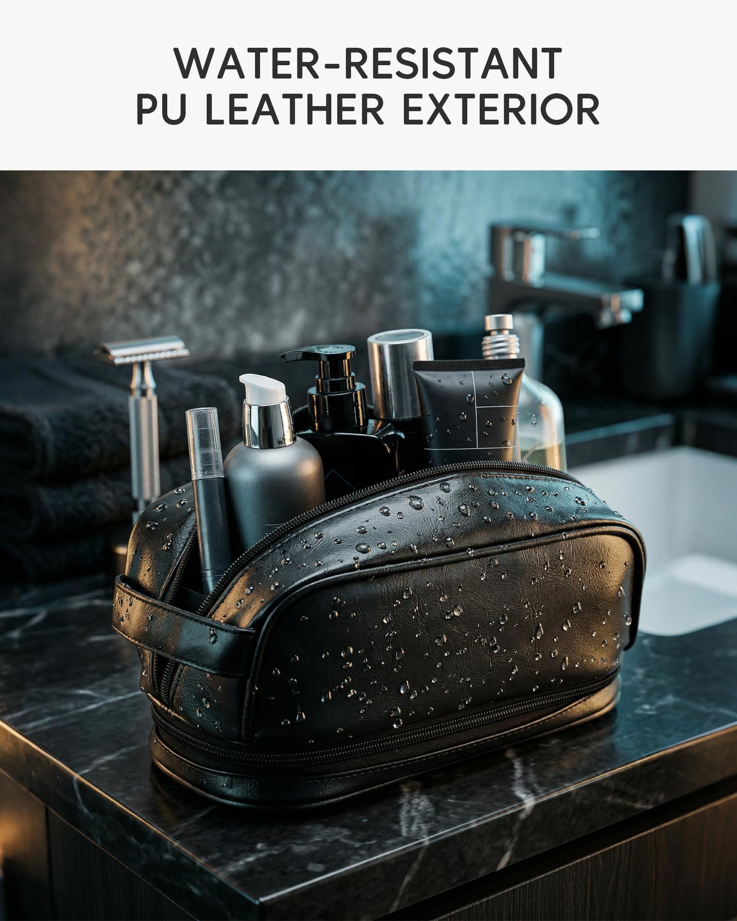 Nixjoro TSA Approved Toiletry Bag for Men Vegan Leather Travel Essentials Shaving Dopp Kit Toiletries Organizer Case for Grooming Farther Day Gift,Black