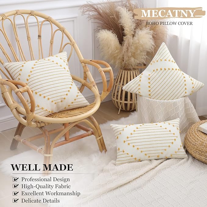 Mecatny Boho Outdoor Throw Pillow Covers 12X20 Set of 2, Farmhouse Lumbar Pillow Covers for Couch Sofa Living Room, Yellow & White