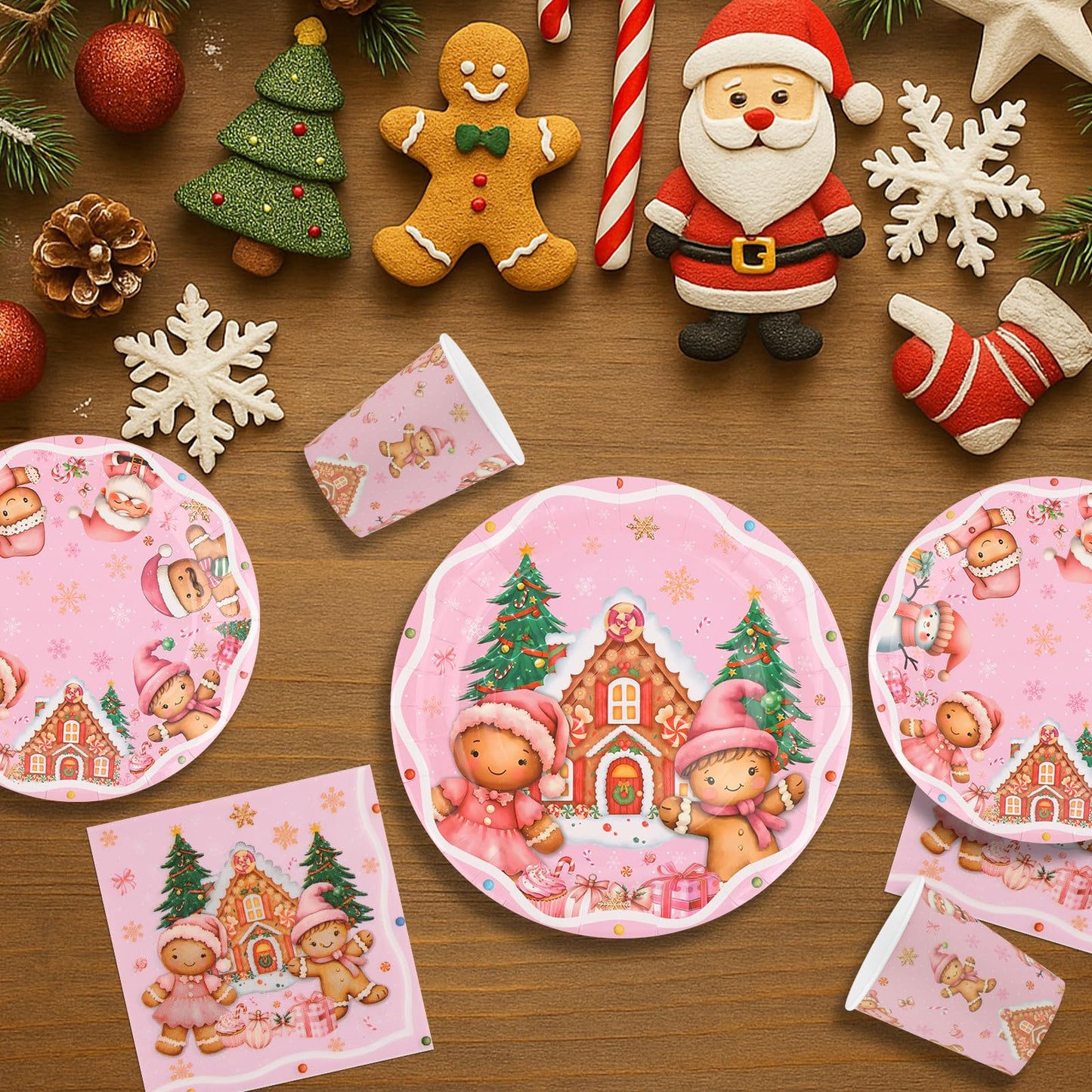 Arosche Christmas Gingerbread Party Decorations Set for 24-Disposable Paper Plates and Napkins, Cups, Garland, Tablecloths, Merry Christmas Party Supplies for Xmas Winter Birthday Table Decor