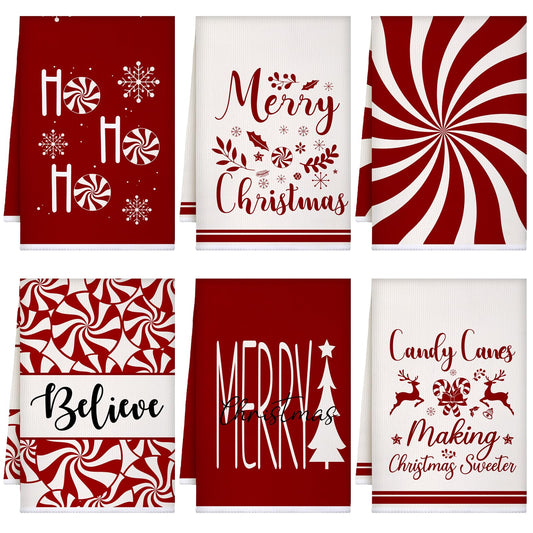 Breling 6 Pcs Christmas Kitchen Towels Red White Candy Tea Dishtowel 23.62 x 15.75 Inch Decorative Peppermint Candy Cane Hand Towel for Holiday Winter Home Kitchen Bathroom Decor Housewarming Gift