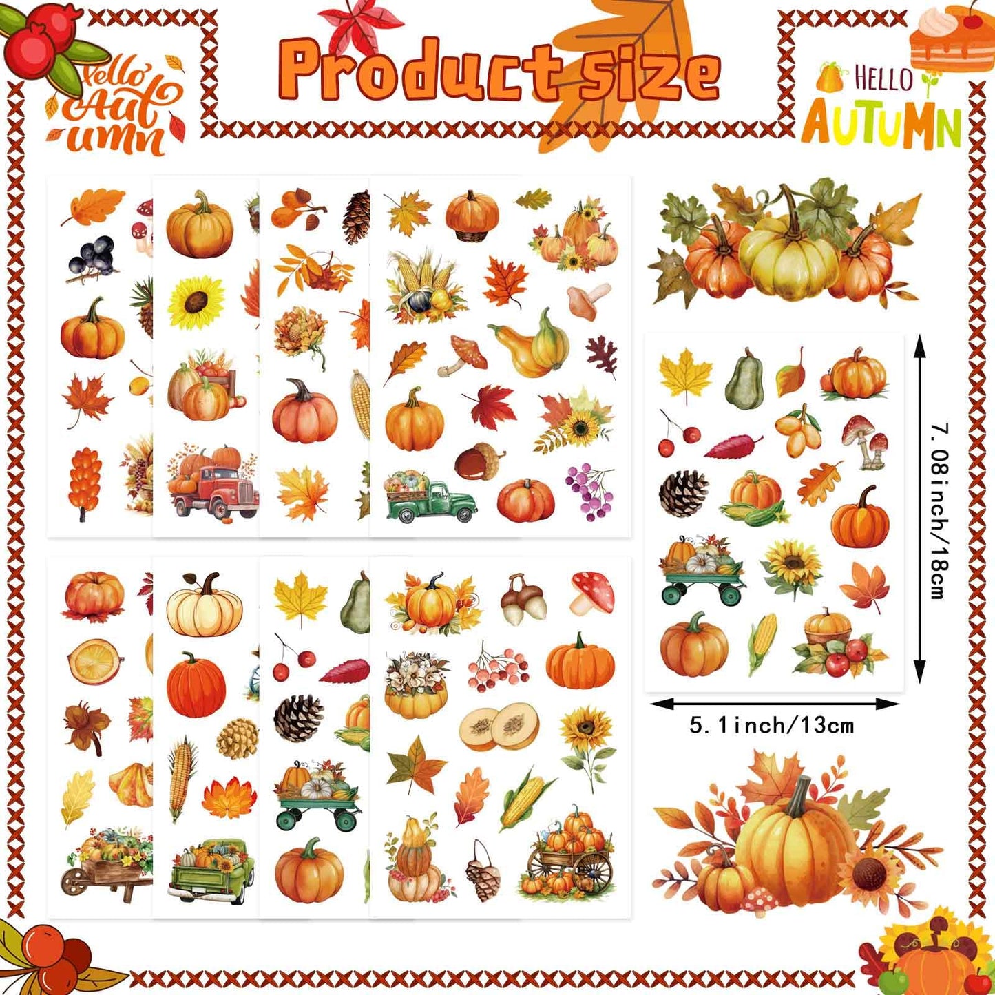 32 Sheets Fall Theme Sticker, Pumpkin Stickers, Hello Autumn Sticker, Thanksgiving Stickers for Kids, Fall Harvest Food Pumpkin Maple Leaves, Thanksgiving Party Favors Supplies