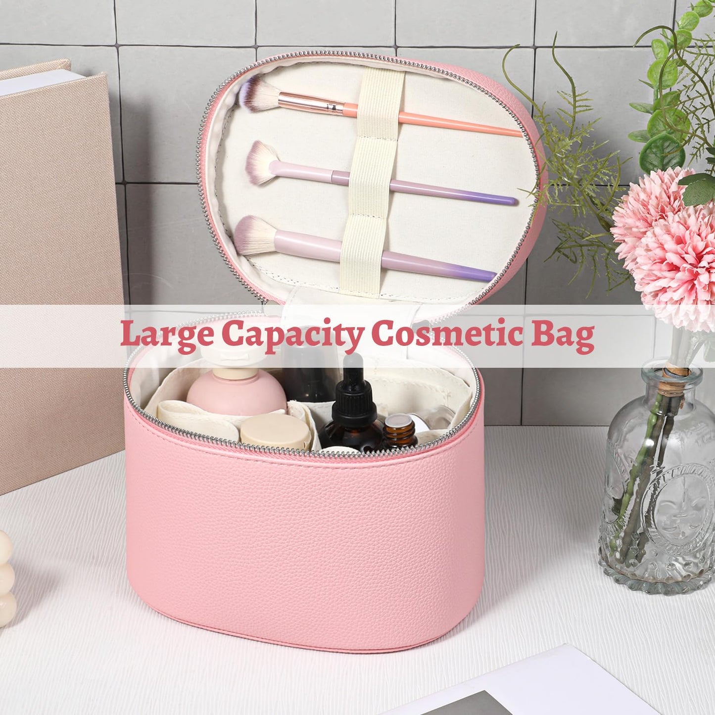 KongTiva Cosmetic Case, Leather Makeup Bag with Keychain Detachable Compartments and Handle Portable Cosmetic Organizer Bags for Women