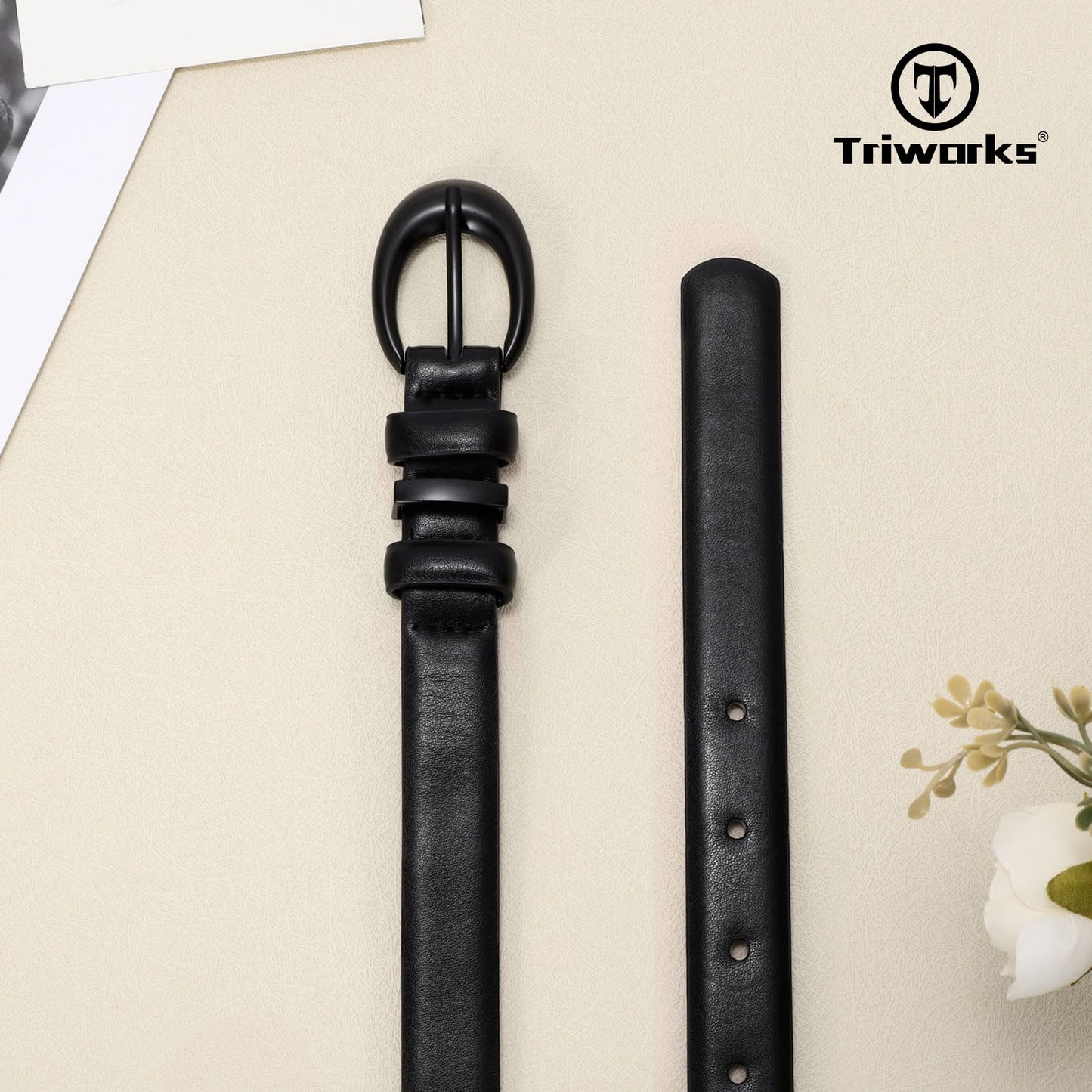 TRIWORKS Women Leather Belt for Jeans Pants Fashion Ladies Skinny Faux Leather Dress belt with Black Buckle