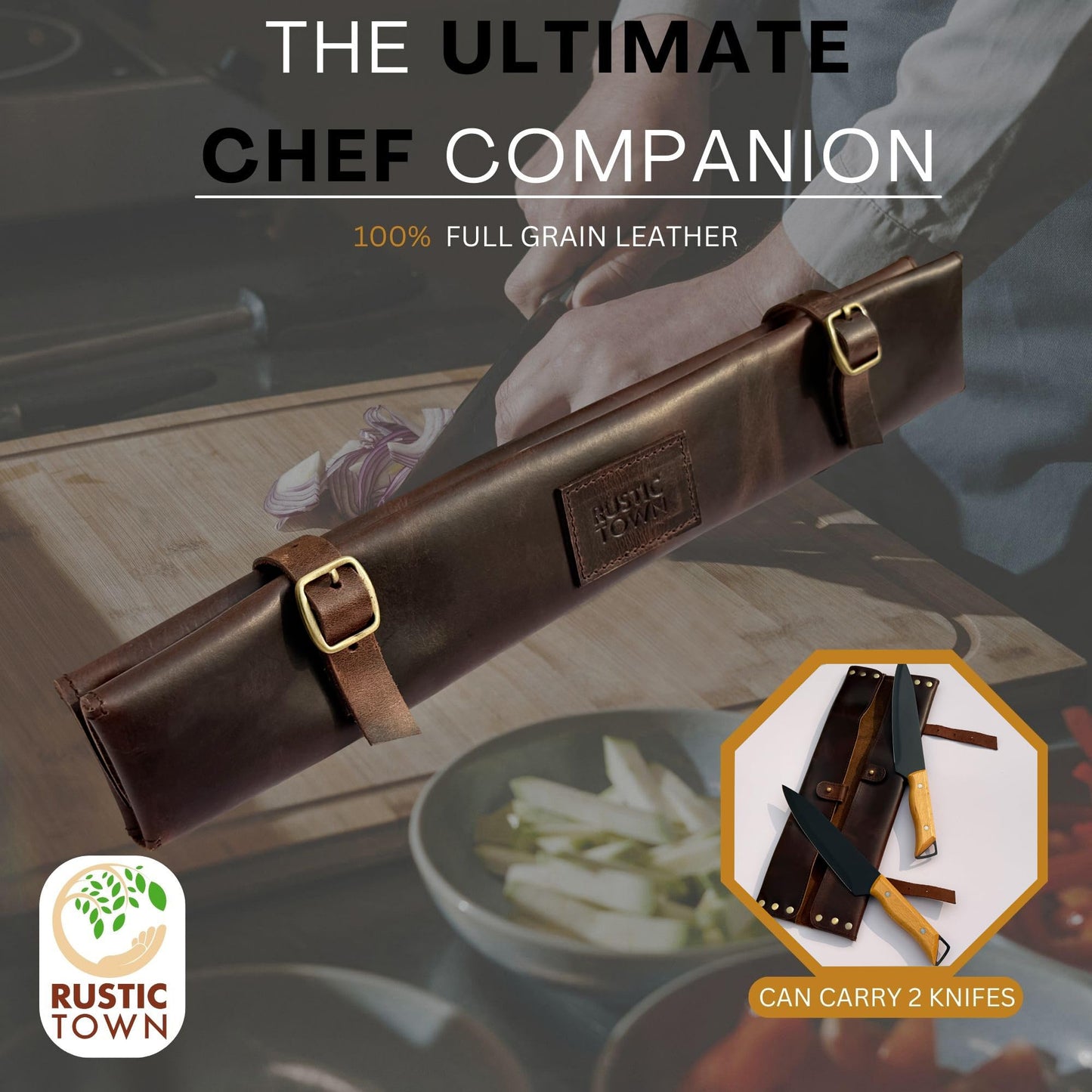 RUSTIC TOWN Leather Knife Roll - Chef Knife Case for Professional & Home Use - Secure & Stylish Knives Organizer - Travel Friendly for Men & Women
