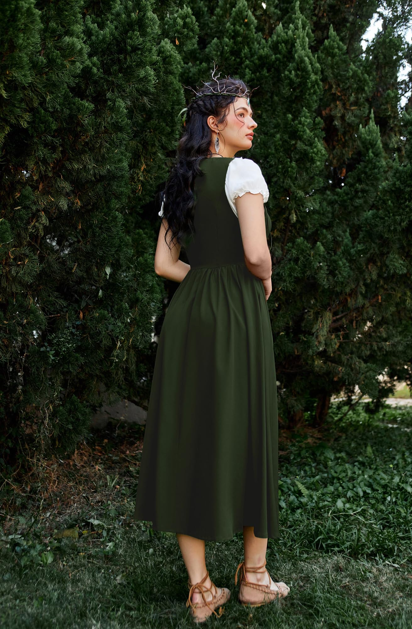 Scarlet Darkness Renaissance Costume Women Peasant Medieval Dress Short Sleeve Maxi Fairy Dresses with Pockets Olive Green L