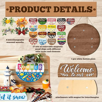 Vicenpal Interchangeable Welcome Sign for Front Door with 17 Magnetic Icons, Wooden Seasonal Front Porch Door Decor with 4 Seasonal Wreaths and 17 Changeable Icons for Holiday Party (Brown)