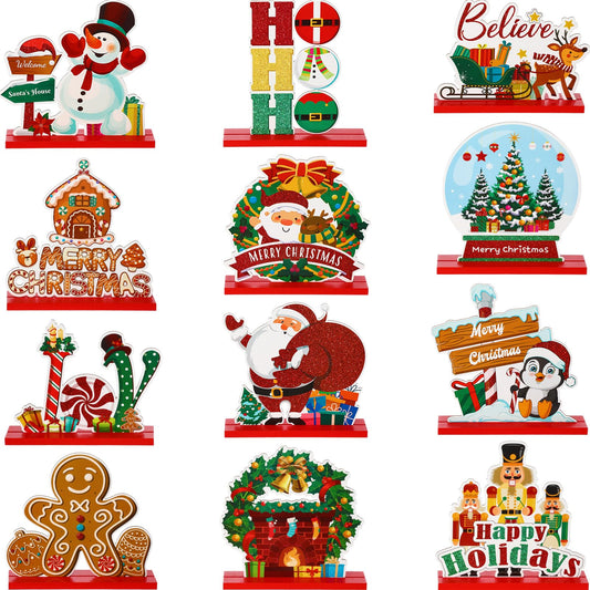 Soaoo 12 Pcs Christmas Table Decorations Indoor Centerpieces Wooden Sign Duplex Printing Vintage Christmas Tabletop Decoration Snowman Santa Reindeer Gingerbread Man Sign for Xmas Holiday Party Decor