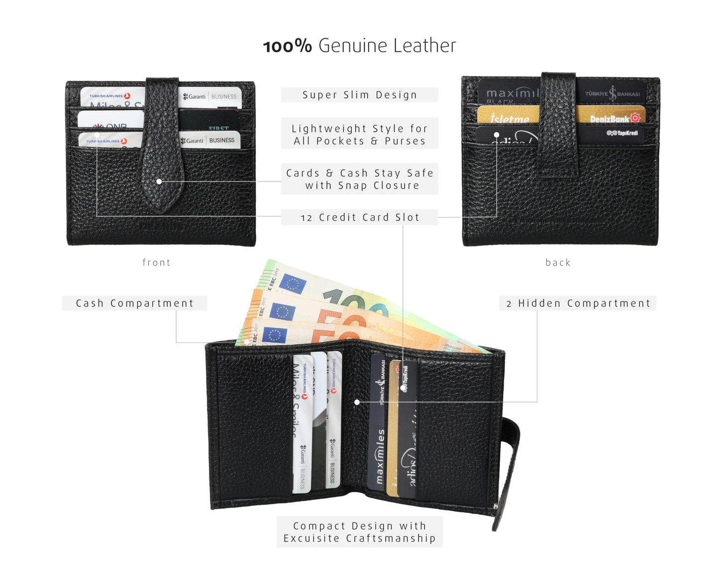 grande 3803 Genuine Leather Card Holder For Women and Men Slim Minimalist Card Case Small Snap Wallet (Black)