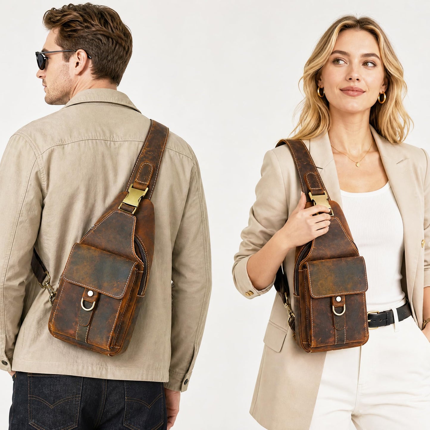 Handadsume Genuine Leather Hiking Travel DayPack Sling Crossbody Triangle Chest Pack Bag For Men Women 8241 (Coffee 258204)