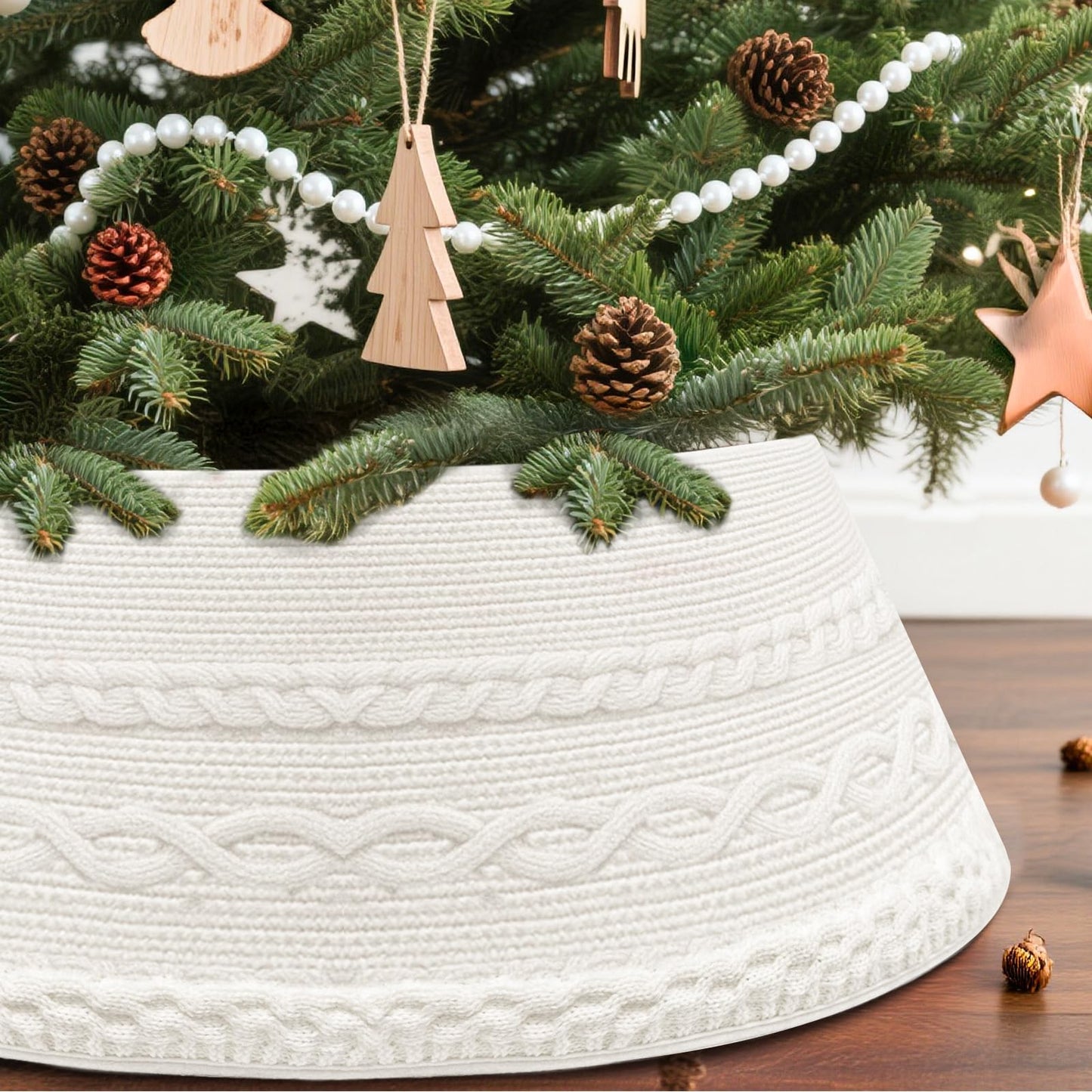 OurWarm 28 inch Christmas Tree Collar, Knit Cream White Christmas Tree Collars for Artificial Trees, Adjustable Tree Skirt Collar Base for 6ft 7.5ft 9ft Trees Holiday Home Indoor Xmas Tree Decoration