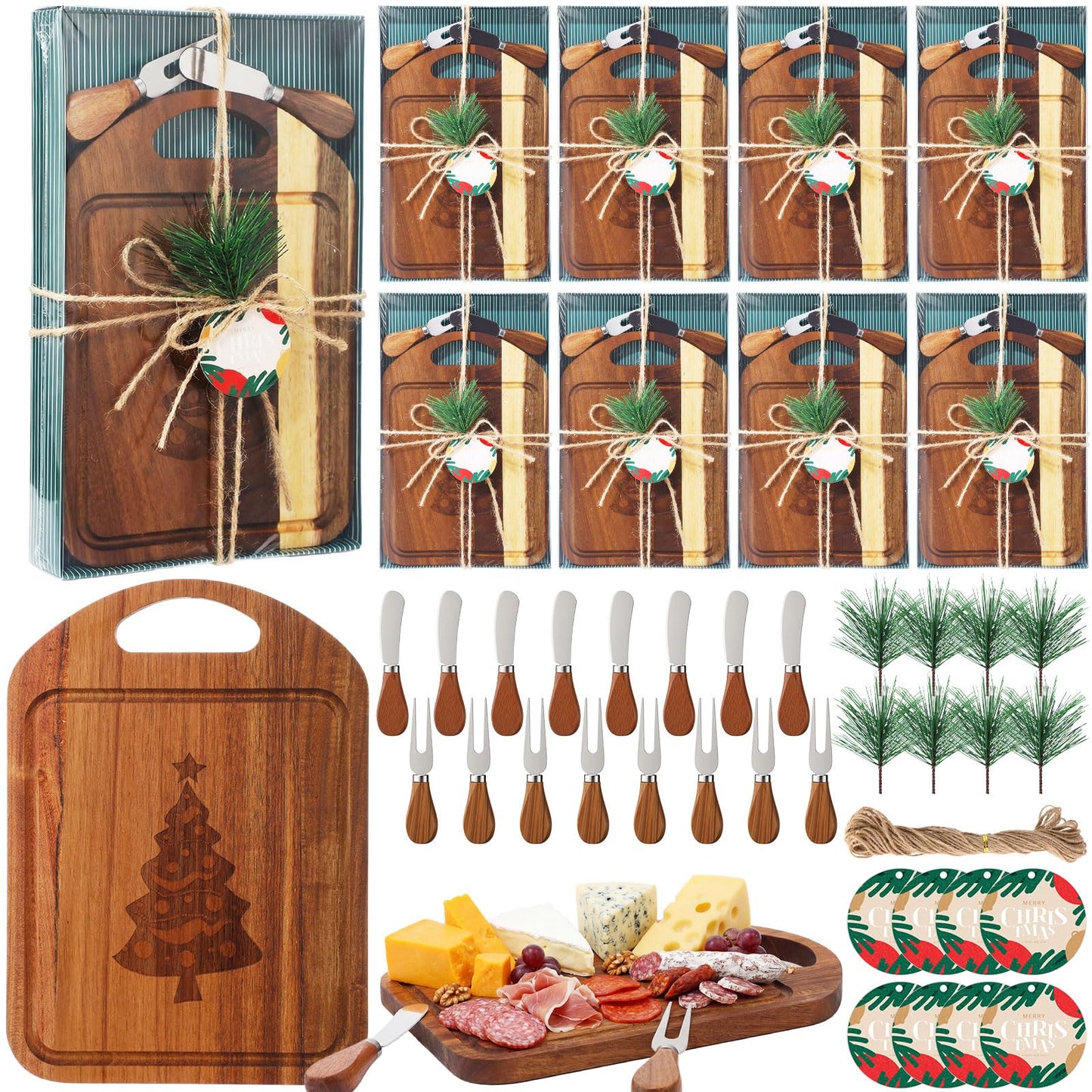 Sawysine 8 Sets Christmas Cheese Board Gift, Engraved Acacia Wood Cutting Board with Cheese Knife,Fork,tag,Charcuterie Boards for Holiday Party, Bridal Shower,Wedding, Housewarming Gifts(11" X 8")