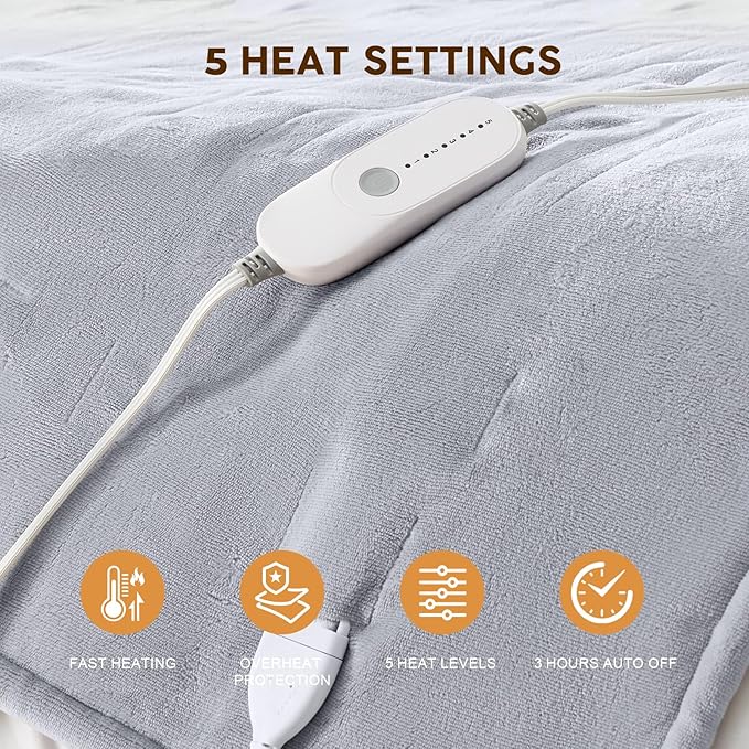 HYLEORY Heated Electric Blanket Full 72"x84" Soft Fleece & Flannel with 5 Heating Levels & 10 Hours Timer Auto Shutt Off, ETL Certified, Washable，Heated Blanket for Body-Light Grey