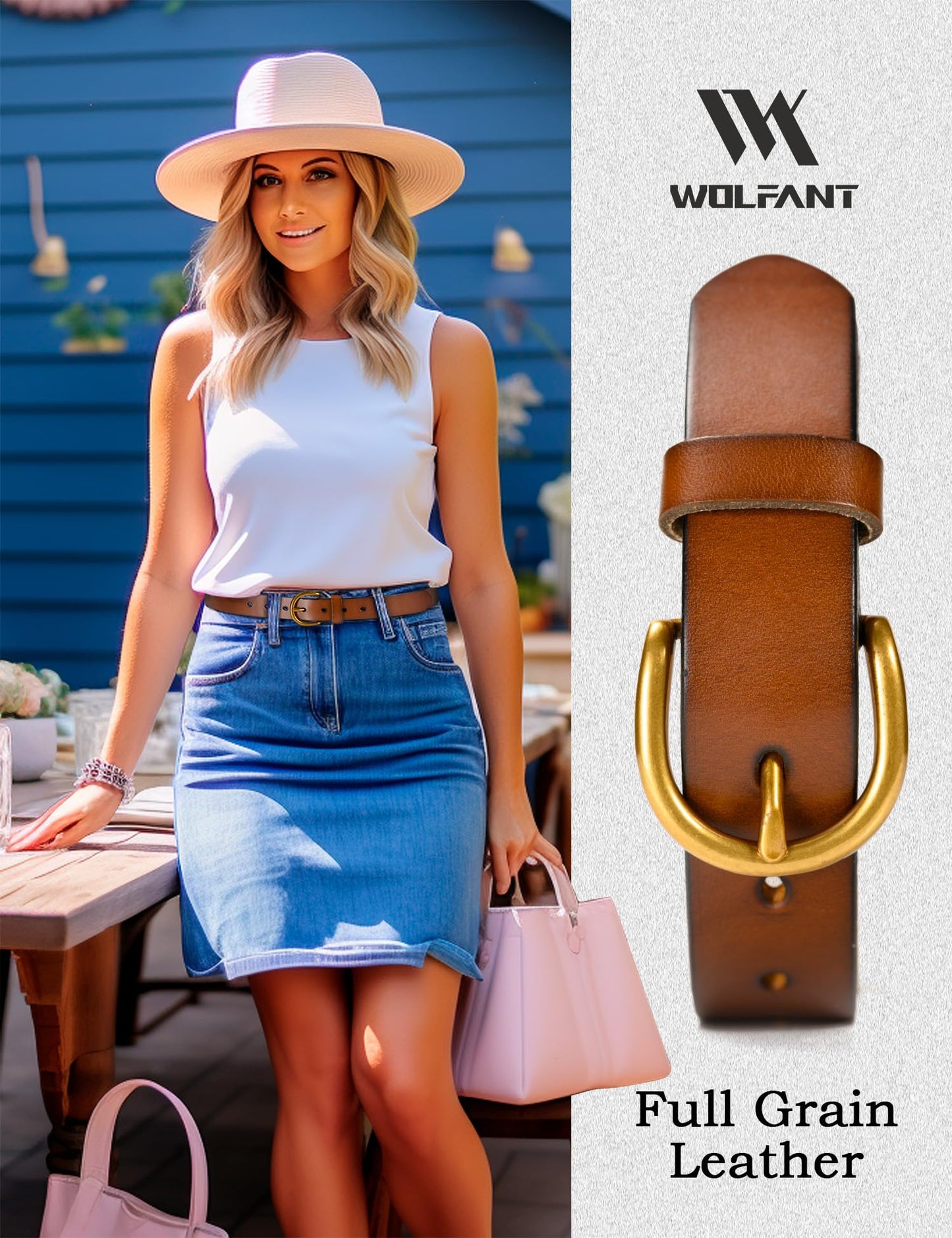 WOLFANT Womens Casual leather Jean Belt,1.1" Ladies Belt with Gold Buckle,100% Italian Full Grain Real Solid Leather