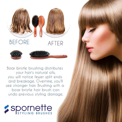 Spornette Deville Boar Bristle Wooden Paddle Hair Brush for Women - Cushion Oval Hair Straightening Brush for Blow Drying, Detangling, Smoothing & Styling