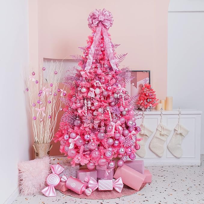 XmasExp 32ct Christmas Ball Ornaments Set -Pink Clear Plastic Shatterproof Xmas Tree Ball Decorations Hanging Baubles for Holiday Decor
