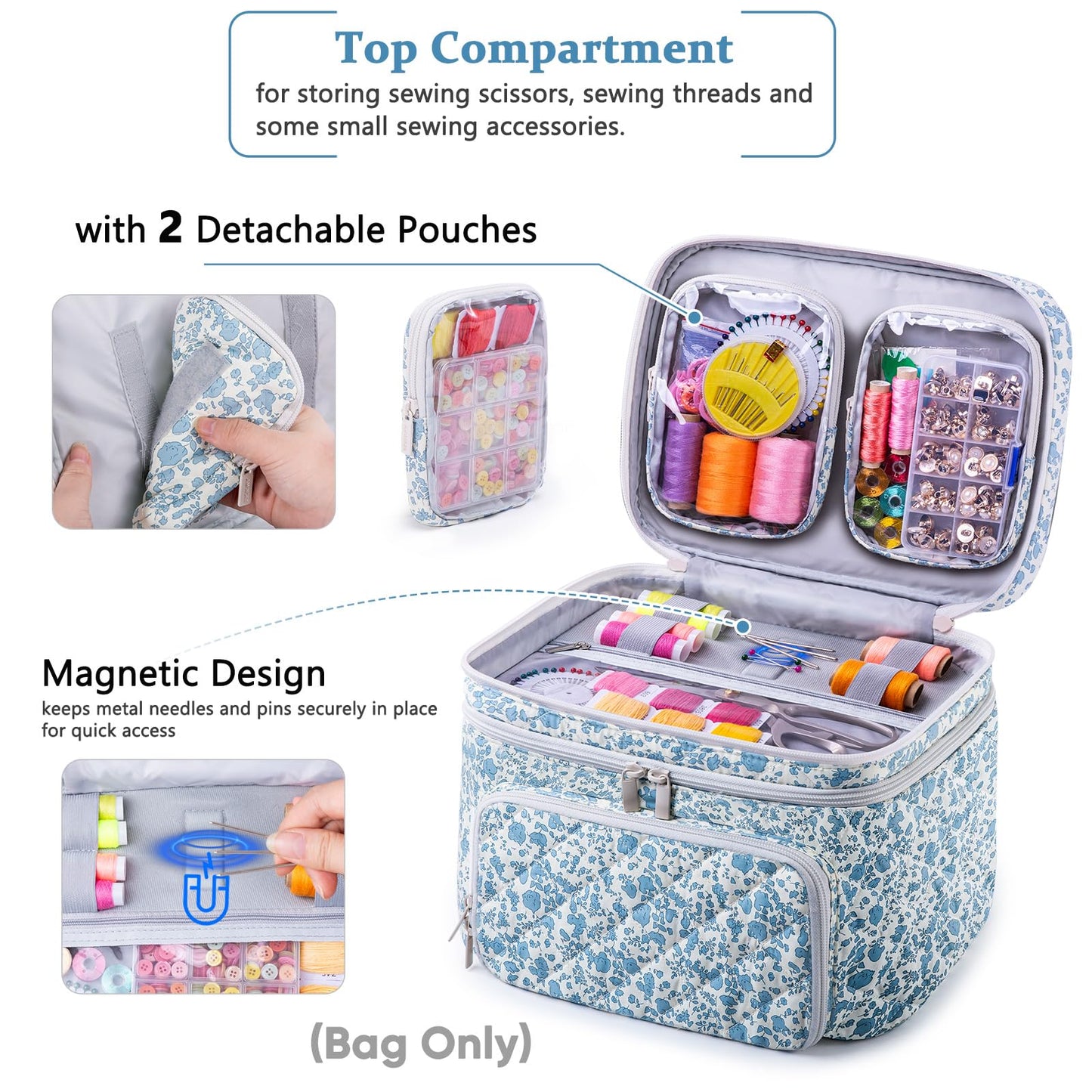 AMOIGEE Double-Layer Sewing Organizer Storage Bag with 2 Detachable Pouches, Large Quilted Sewing Basket for Supplies & Tools, Portable Travel Sewing Kit Case, Gift for Mom(Bag ONLY)