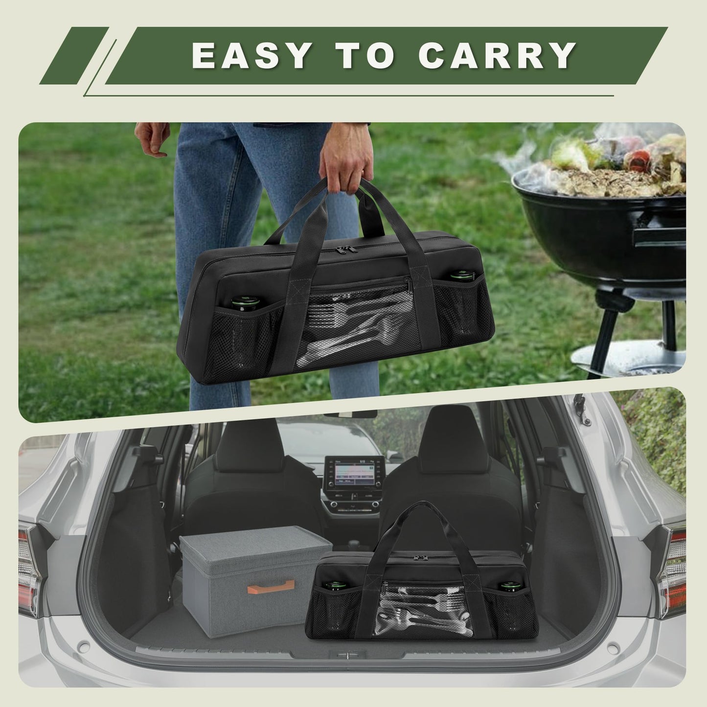 HODRANT Grill Tool Storage Bag, Outdoor BBQ Utensil Holder for Barbecue Tool up to 22", Large Grill Utensil Storage Caddy with Pockets, BBQ Accessories Case Container for Camping, Bag Only, Black