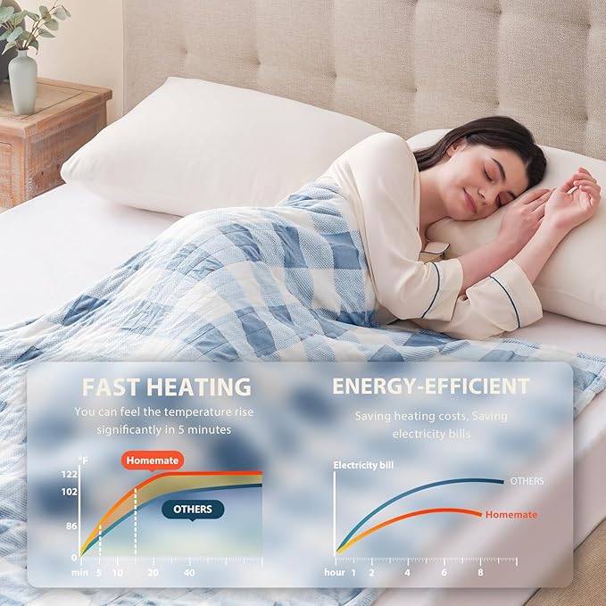 HomeMate Electric Blanket Heated Full Size - 72“x84“ Ultra Soft Cozy Flannel Heating Blanket with 10 Fast Heat Levels 8 Hours Auto Off Over-Heated Protection ETL Certification Keep Warm in Home Office