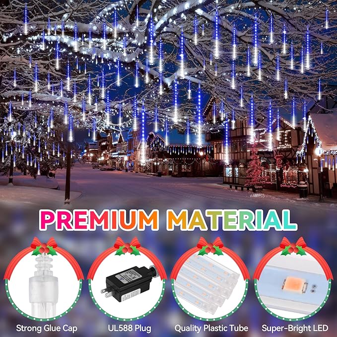 KNONEW 40 Tubes 1120 LED Meteor Shower Lights Christmas Lights Outdoor Plug in Waterproof Falling Rain Light for Xmas Tree Wedding Party Garden Holiday Rooftop Decorations (Blue and Cool White)